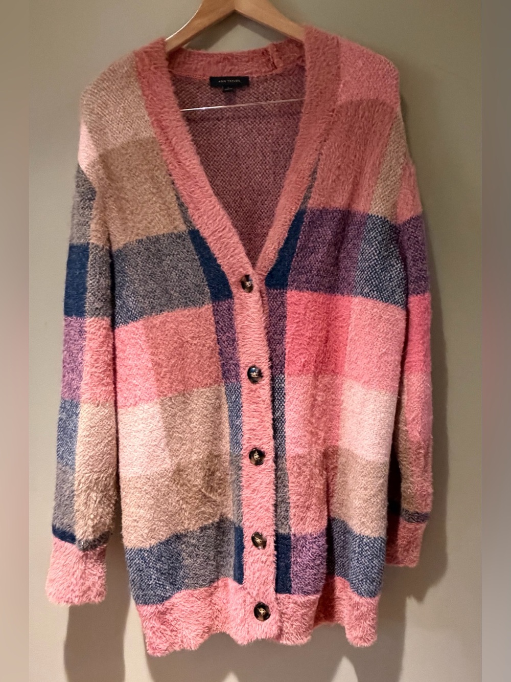 Ann Taylor Pink Multicolor Striped Long Plush Cardigan L